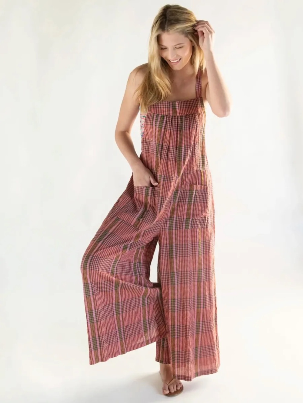 NATURAL LIFE Dakota Pink Plaid Wide-Leg Jumpsuit